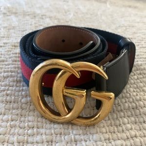 Authentic Gucci Black leather Blue/Red Striped Marmont Belt size 95